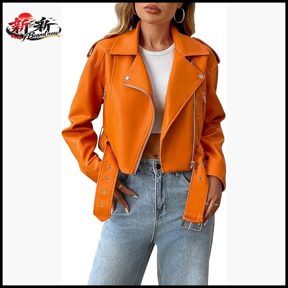 Faux Leather Cropped Jacket with Belt, Vegan Motor Biker Coat